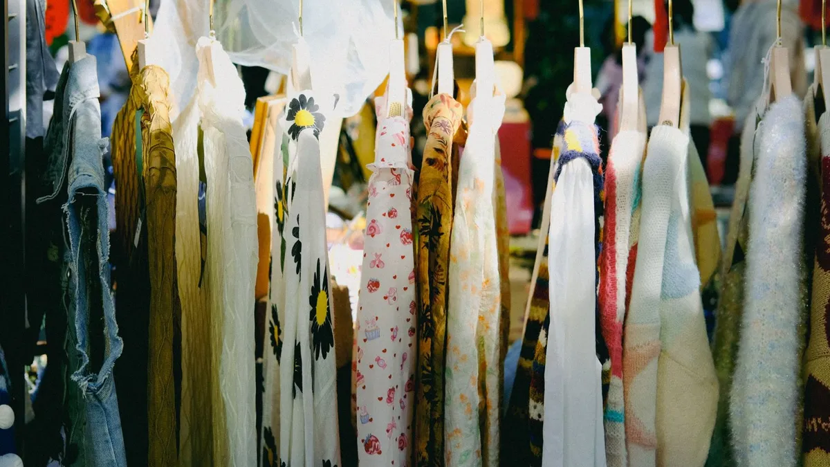 Étal de vide-grenier vintage à Angers avec vêtements, sacs et bijoux anciens exposés sur des tréteaux.